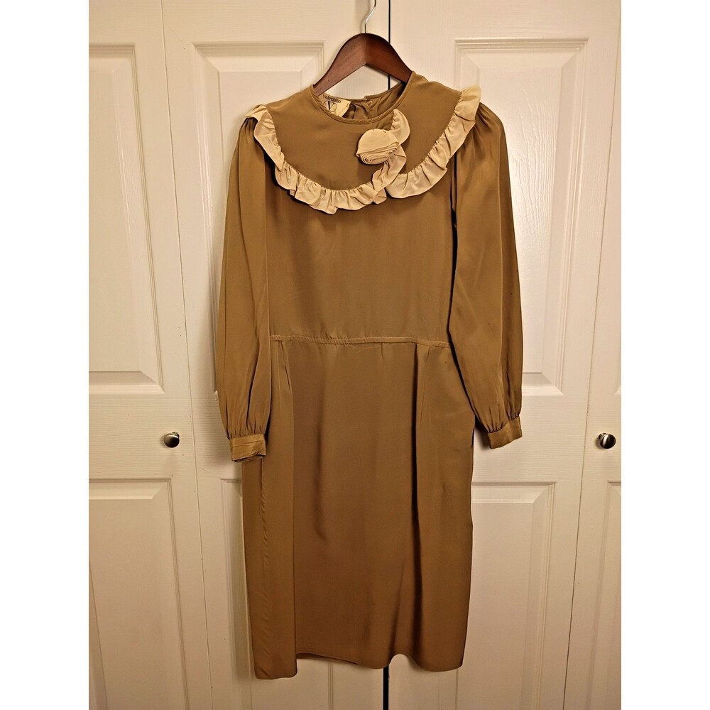 Vintage 1980s Valentino Studio 100% Silk Dress Size 6 Brown Ruffled Collar RARE